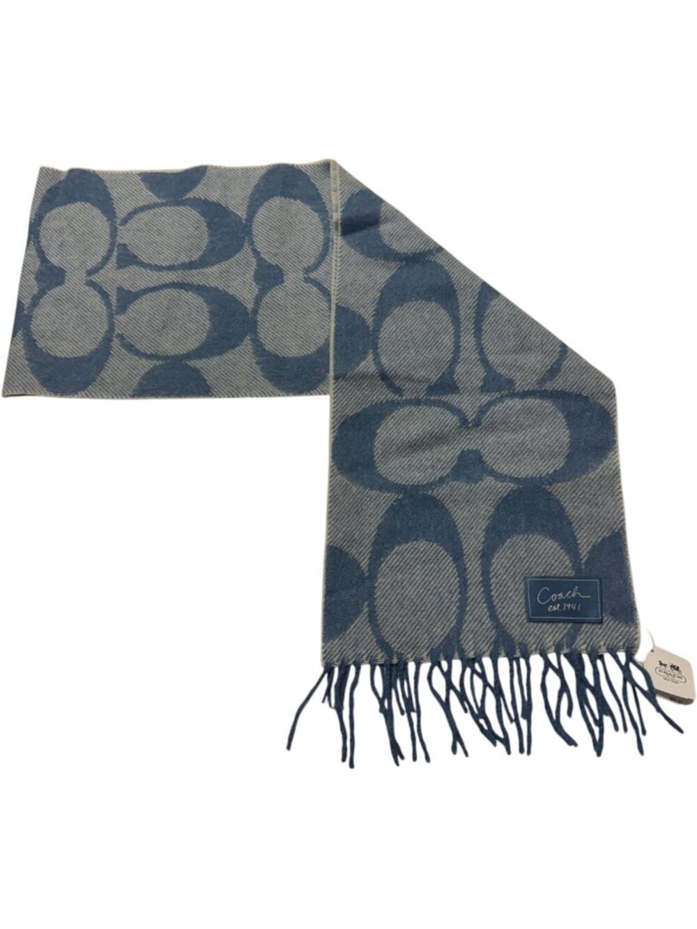 💙 Coach Signature Twill Muffler Scarf Blue Wool Cashmere Brand New $98 MSRP